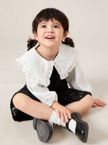 SHEIN Niñas Vestido de color combinado de cuello exagerado bajo con fruncido con encaje - Negro - Ver 5