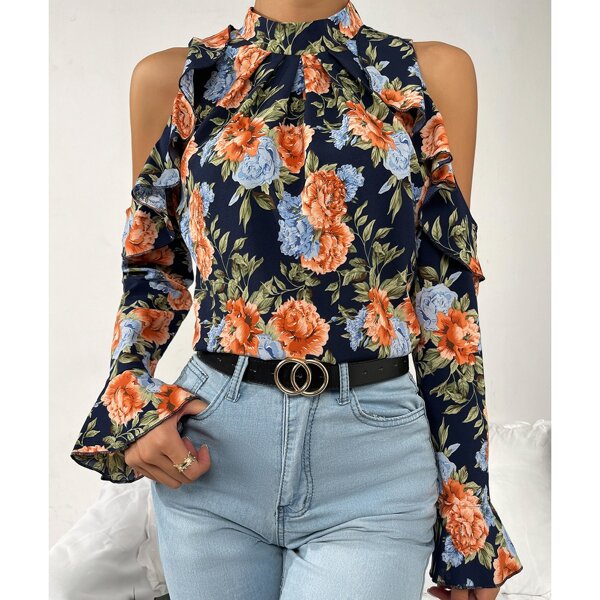 

Floral Print Cold Shoulder Top, Royal blue