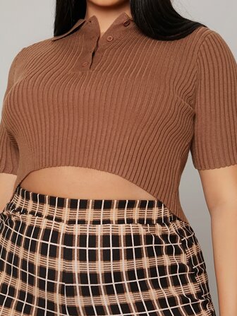 Plus Half Button Ribbed Knit Top