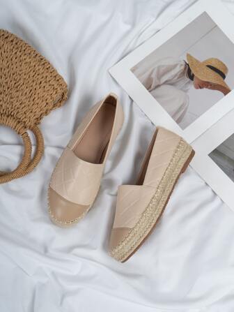 Two Tone Argyle Embossed Espadrille Flats, Women's Woven Flat Shoes With Geometric Pattern For Summer Vacation In Apricot