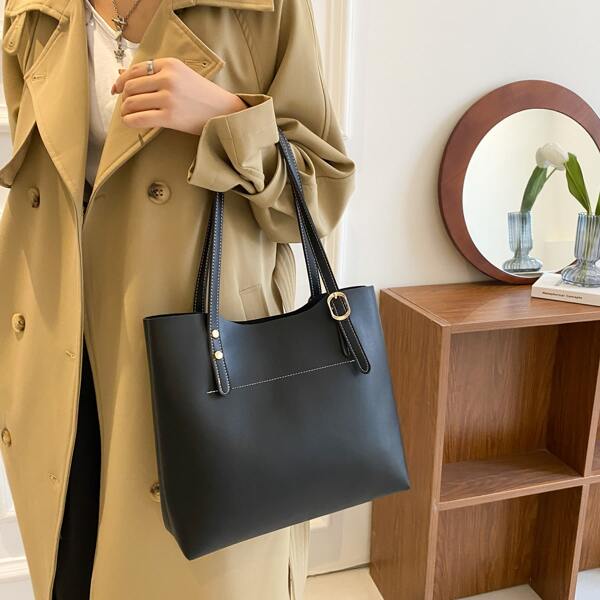

Buckle Detail Shoulder Tote Bag, Black