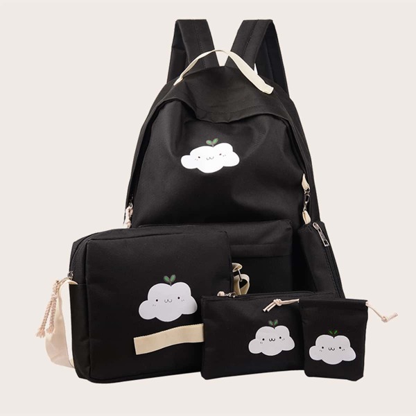 

5pcs Cartoon Graphic Classic Backpack Set, Black