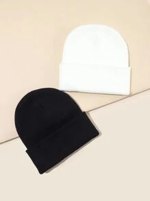 2pcs Minimalist Solid Beanie - Black and White - View 1