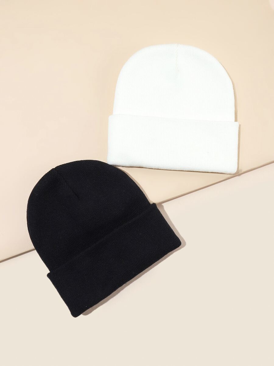 2pcs Minimalist Solid Beanie - Black and White - View 1