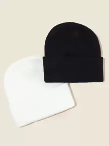 2pcs Minimalist Solid Beanie - Black and White - View 2