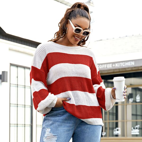 

Plus Striped Drop Shoulder Sweater, Red and white