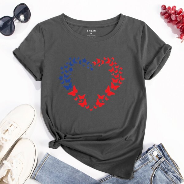 

Butterfly And Heart Print Tee, Dark grey