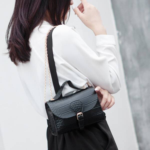 

Croc Embossed Flap Satchel Bag, Black