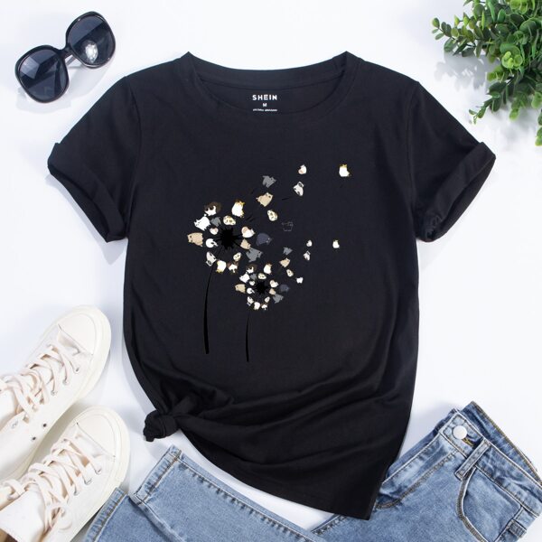 

Dandelion And Cat Print Tee, Black