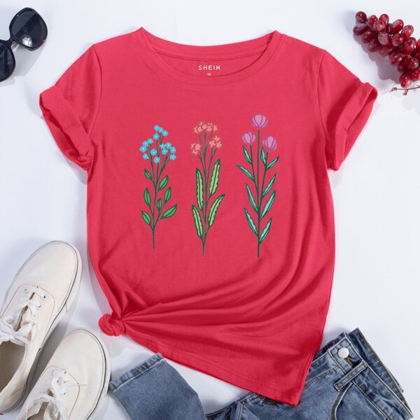 

Floral Print Short Sleeve Tee, Red