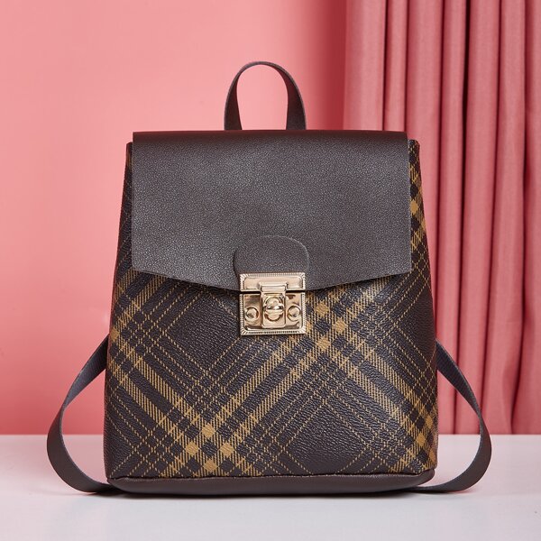 

Plaid Pattern Push Lock Backpack, Chocolate brown