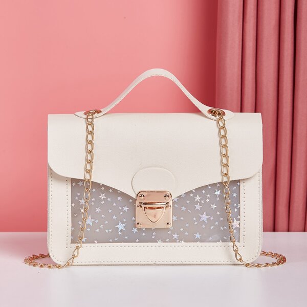 

Star Graphic Push Lock Satchel Bag, Beige