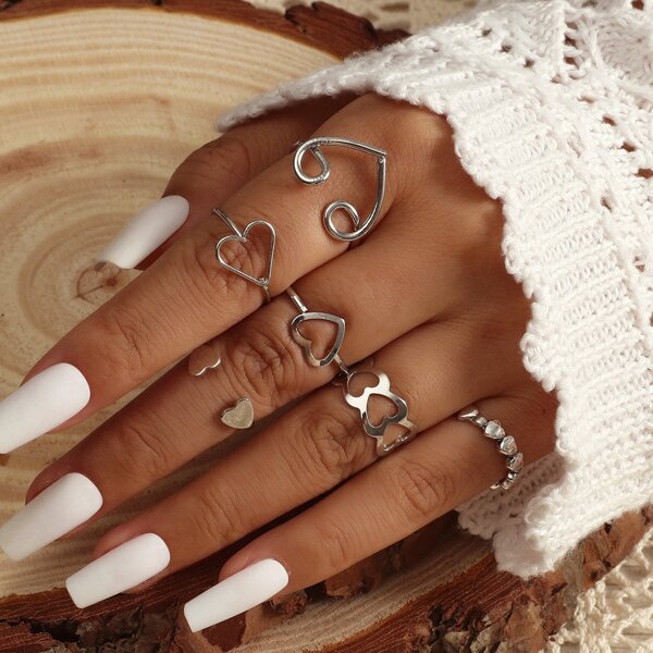

5pcs Heart Decor Ring, Silver