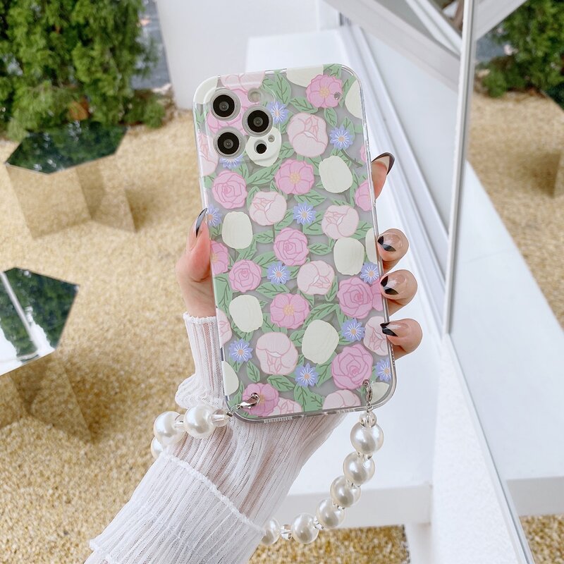 

Floral Phone Case With Faux Pearl Beaded Hand Strap, Multicolor