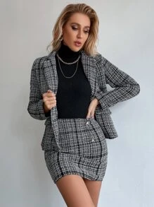 con patrón de cuadros con diseño de solapa con botón tweed Blazer & Falda - Blanco y Negro - Ver 1