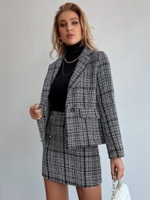 con patrón de cuadros con diseño de solapa con botón tweed Blazer & Falda - Blanco y Negro - Ver 3