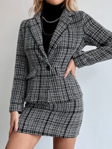 con patrón de cuadros con diseño de solapa con botón tweed Blazer & Falda - Blanco y Negro - Ver 5