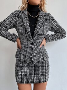 con patrón de cuadros con diseño de solapa con botón tweed Blazer & Falda - Blanco y Negro - Ver 6