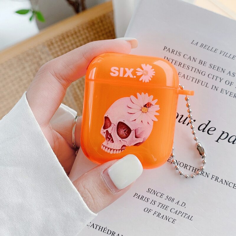 

1pc Skull Pattern Case For Airpods, Orange