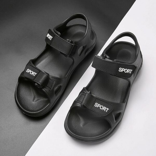 

Letter Graphic Velcro Strap Sport Sandals, Black