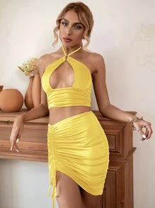 前鏤空掛脖上衣和抽繩褶邊包臀半身裙套裝 - 黃色 - 查看 1