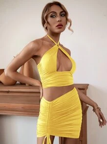 前鏤空掛脖上衣和抽繩褶邊包臀半身裙套裝 - 黃色 - 查看 6