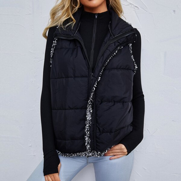 

Fuzzy Trim Zip Up Puffer Vest Coat, Black