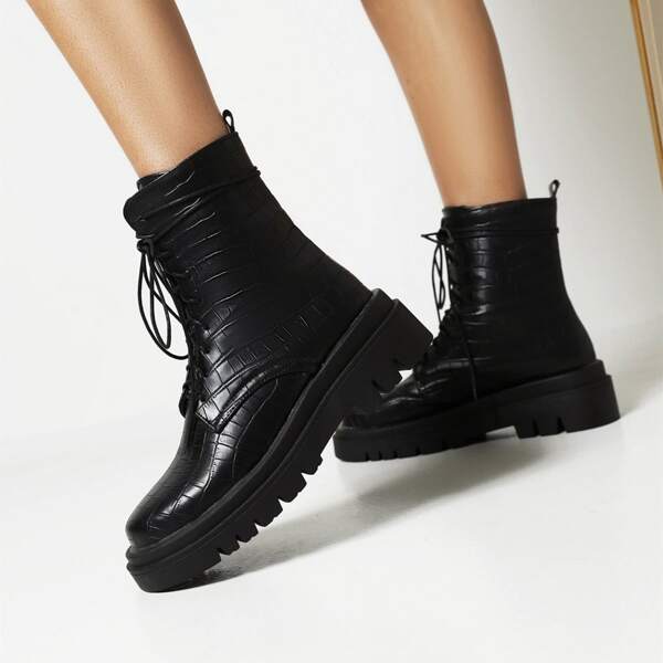 

Croc Embossed Lace-up Front Flatform Boots, Black