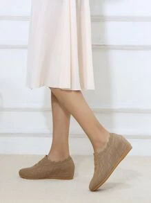 Knit Detail Lace-up Front Hidden  Heeled Shoes - Brown - View 3