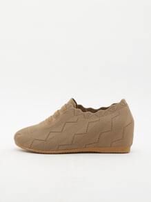 Knit Detail Lace-up Front Hidden  Heeled Shoes - Brown - View 5