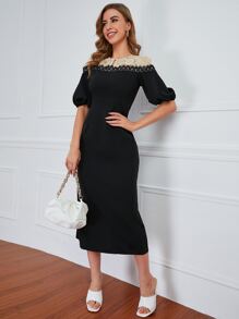 Modelyn 水溶蕾絲拼接燈籠袖洋裝