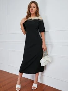 Modelyn 水溶蕾絲拼接燈籠袖洋裝