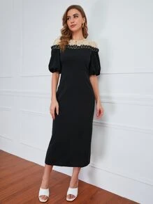 Modelyn 水溶蕾絲拼接燈籠袖洋裝