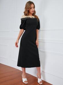 Modelyn 水溶蕾絲拼接燈籠袖洋裝