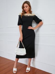 Modelyn 水溶蕾絲拼接燈籠袖洋裝