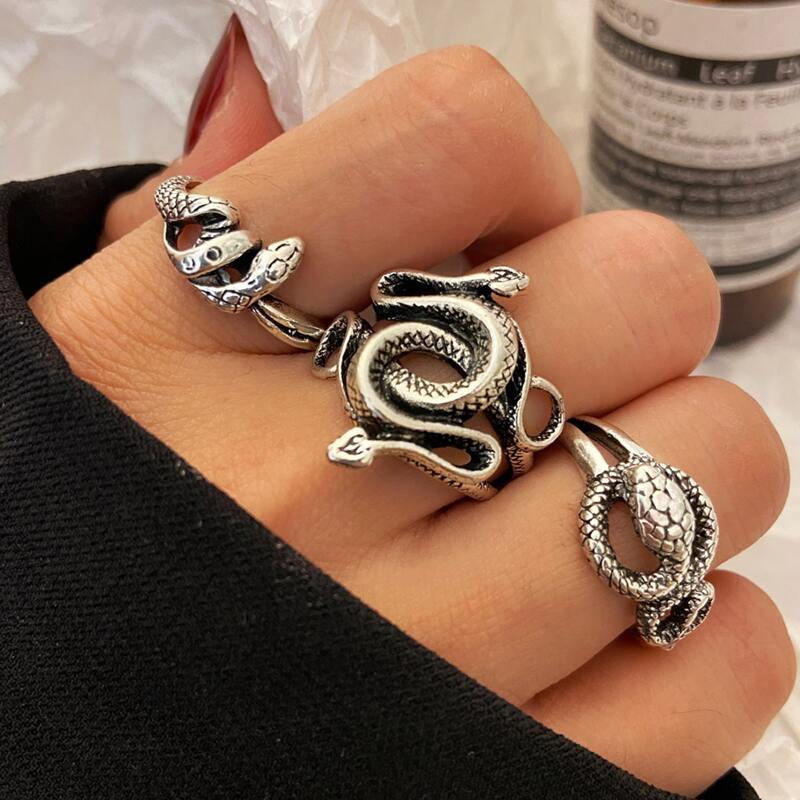 

3pcs Snake Decor Ring, Antique silver