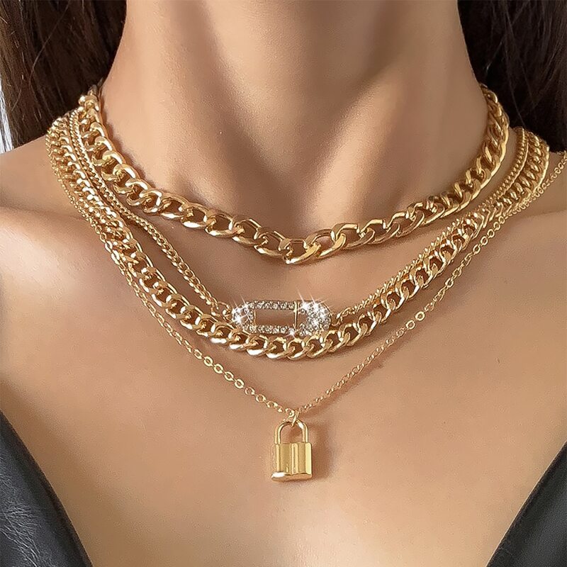 

4pcs Pin & Lock Chain Necklace, Gold