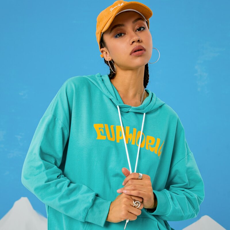

Letter Kangaroo Pocket Drawstring Hoodie, Cadet blue
