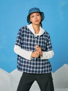ROMWE Street Life 2 In 1 Plaid Button Hooded Sweatshirt - Blue and White - View 1