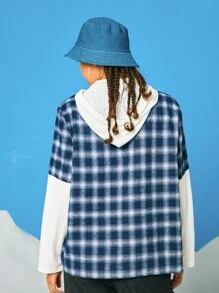 ROMWE Street Life 2 In 1 Plaid Button Hooded Sweatshirt - Blue and White - View 2