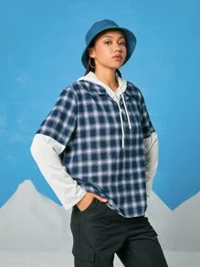 ROMWE Street Life 2 In 1 Plaid Button Hooded Sweatshirt - Blue and White - View 3