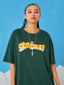 ROMWE Street Life 休閒萬聖節 字母T恤 - 墨綠色 - 查看 5