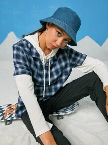 ROMWE Street Life 2 In 1 Plaid Button Hooded Sweatshirt - Blue and White - View 5