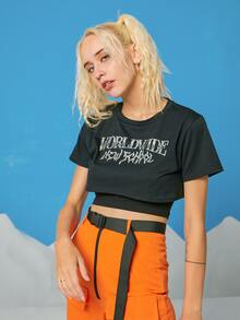 ROMWE Street Life Camiseta corta con letra - Negro - Ver 3