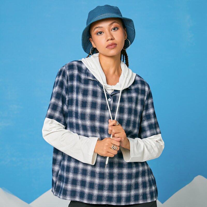 

2 In 1 Plaid Button Hooded Sweatshirt, Blue and white