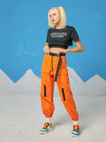 ROMWE Street Life Camiseta corta con letra - Negro - Ver 4