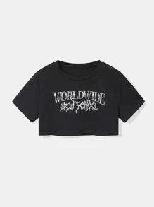 ROMWE Street Life Camiseta corta con letra - Negro - Ver 6