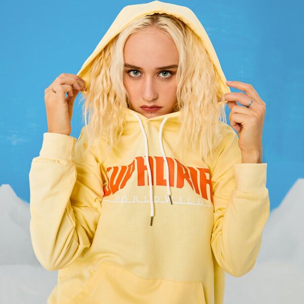 

Letter Kangaroo Pocket Drawstring Hoodie, Yellow