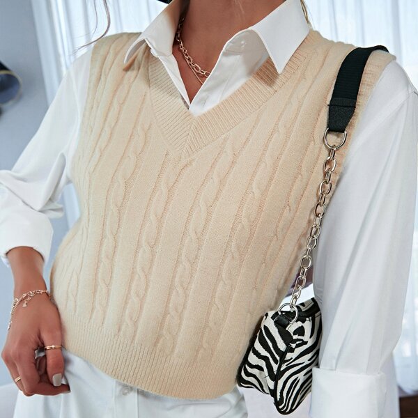 

Cable Knit V-neck Sweater Vest, Apricot