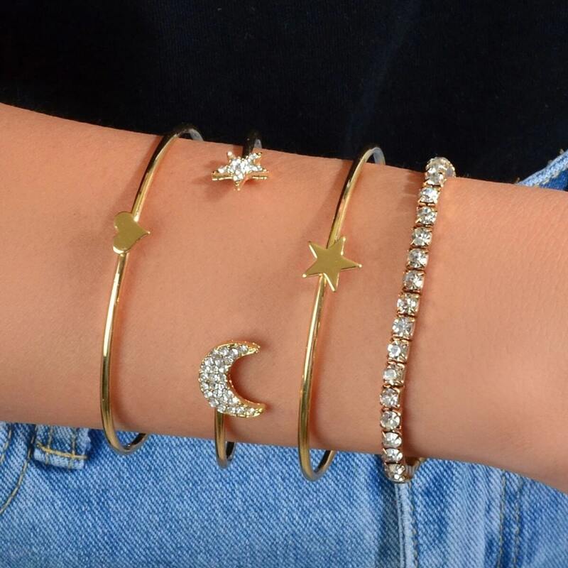 

4pcs Rhinestone Decor Bracelet, Gold